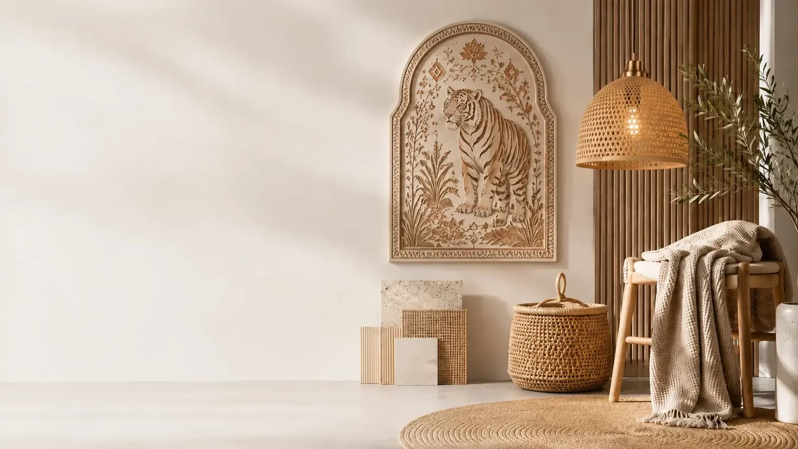 Warm interior with carved tiger wall art and woven homeware