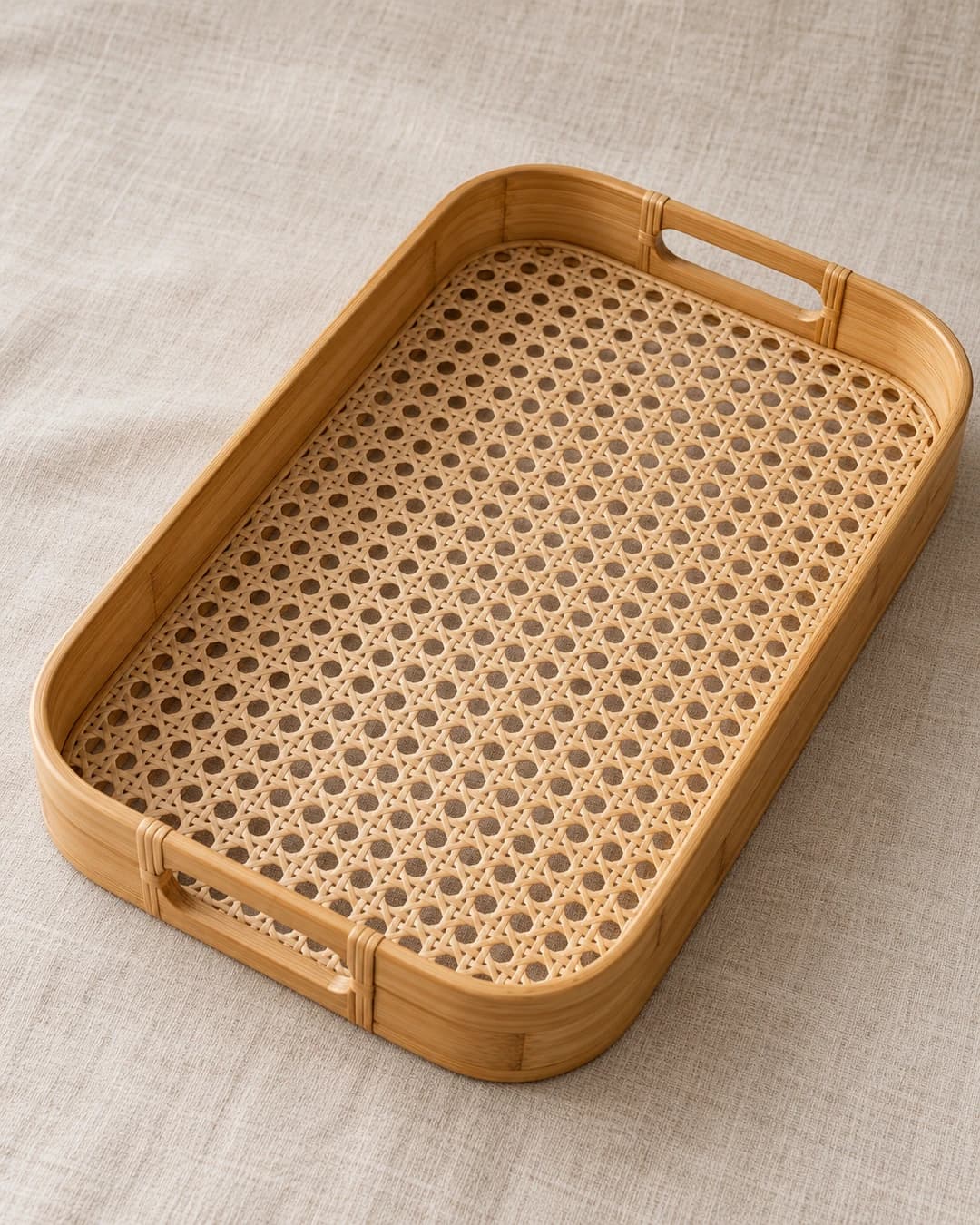 Woven Cane Inlay Bamboo Tea Serving Tray