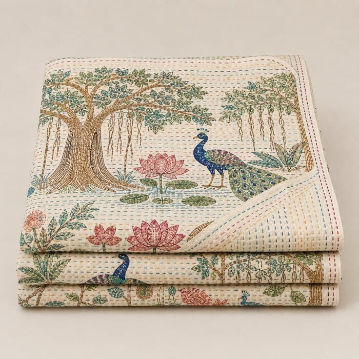 Heritage Nakshi Kantha Hand-Embroidered Cotton Quilt